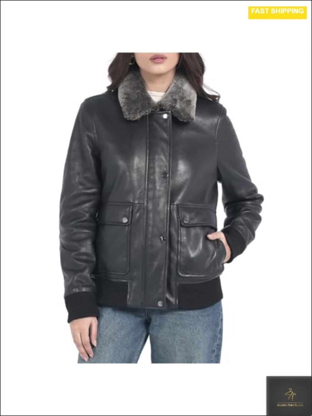 Genuine Lambskin Leather Bomber Jacket with Faux Fur Detachable Collar Women